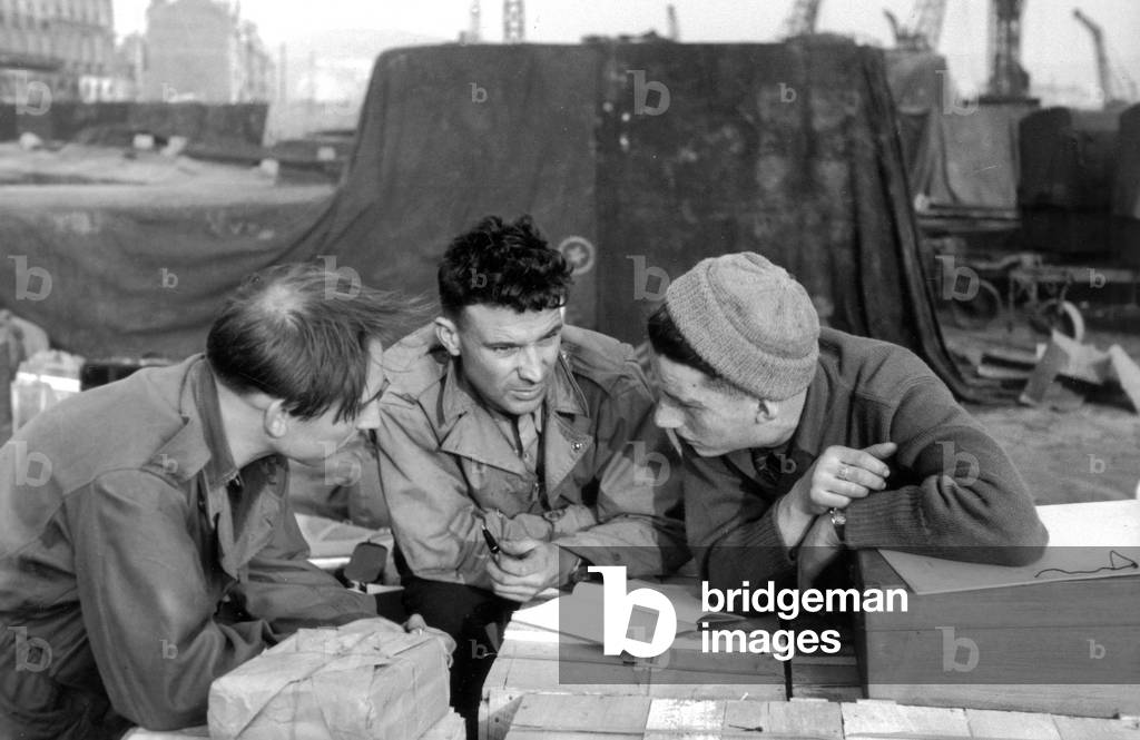 Departure for Greenland of Expeditions Polaires Francaises (French Polar Expeditions) on boat Le Force, May, 1948, Rouen, France (b/w photo)