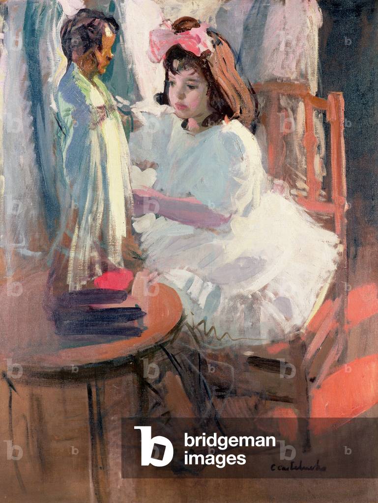 Immagine di Dipinto "Vestire la sua bambola", 20th Secolo di Claudio Castelucho