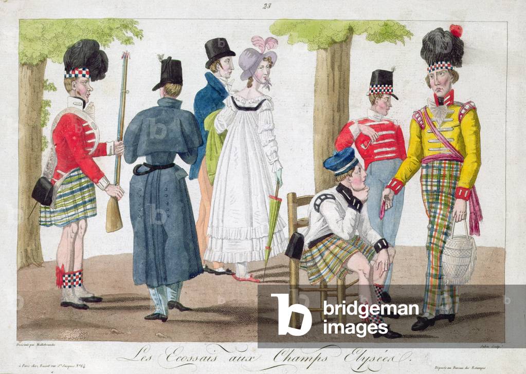 The Scottish on the Champs Elysees, engraved by Jubin (hand-coloured engraving)