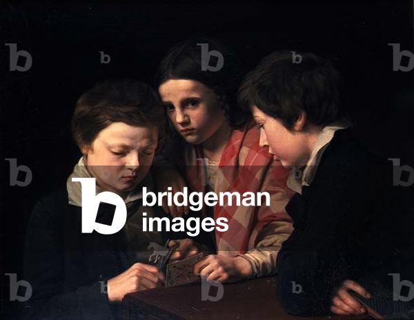 Portrait of the Artist's Three Children Playing at a Table, 1841 (oil on canvas)