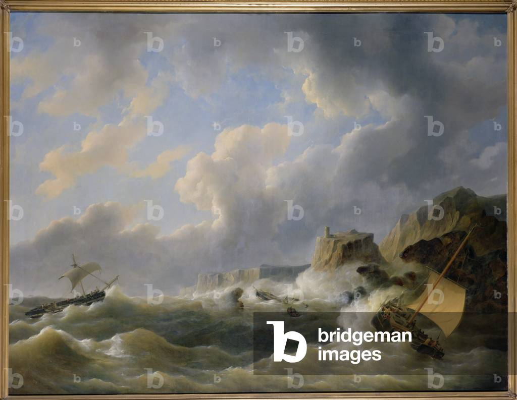 Schifffahrt vor einer Küste in rauer See (Öl auf Leinwand)