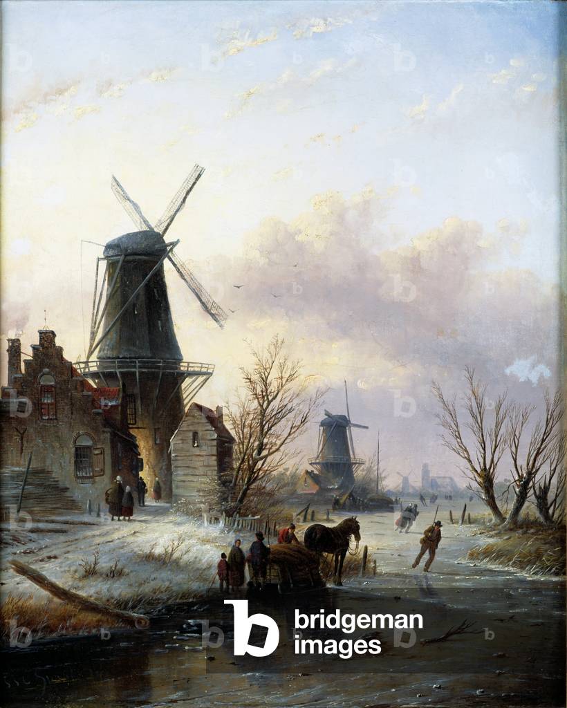 Skaters on a Frozen River (oil on canvas) (see 185604)