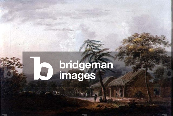 Figures Beneath a Leaning Palm Before a Village (oil on canvas)