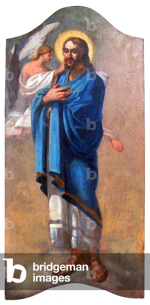 Middle East / Greece: Catholic icon depicting the prophet Isaiah with an angel who anoints his lips with fire to spread the words of God. Late 18th century