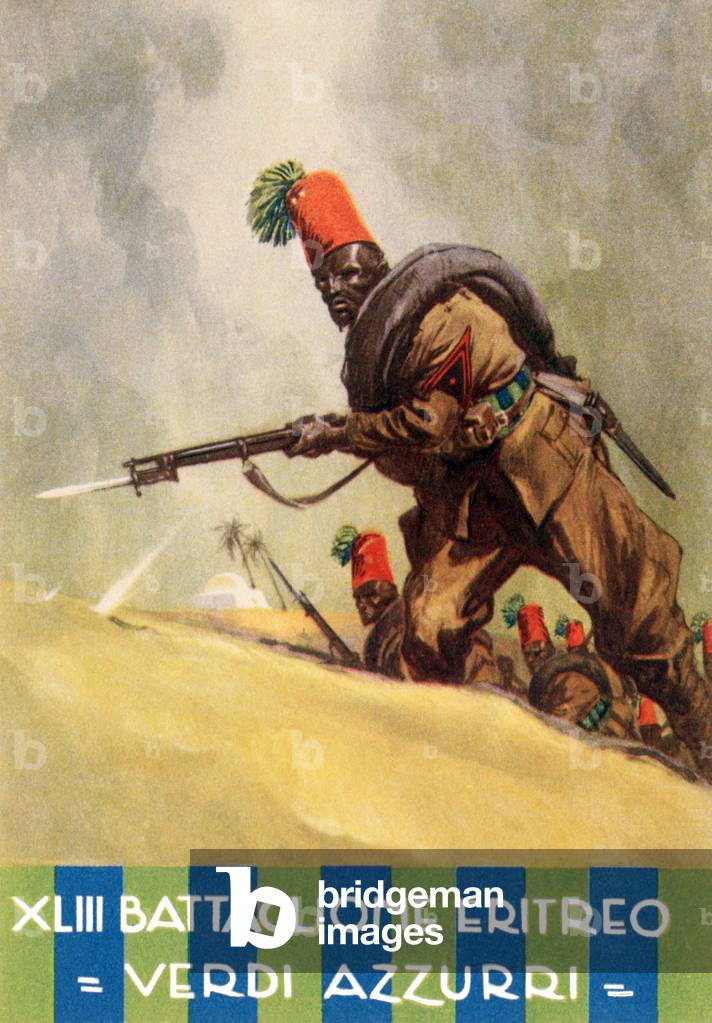 Italy / Eritrea: Italian propaganda poster featuring an Etitrean ascari soldier of the (Italian colonial) 43rd Eritrean Battalion ('Verdi Azzuri / Green and Blue'), c. 1939