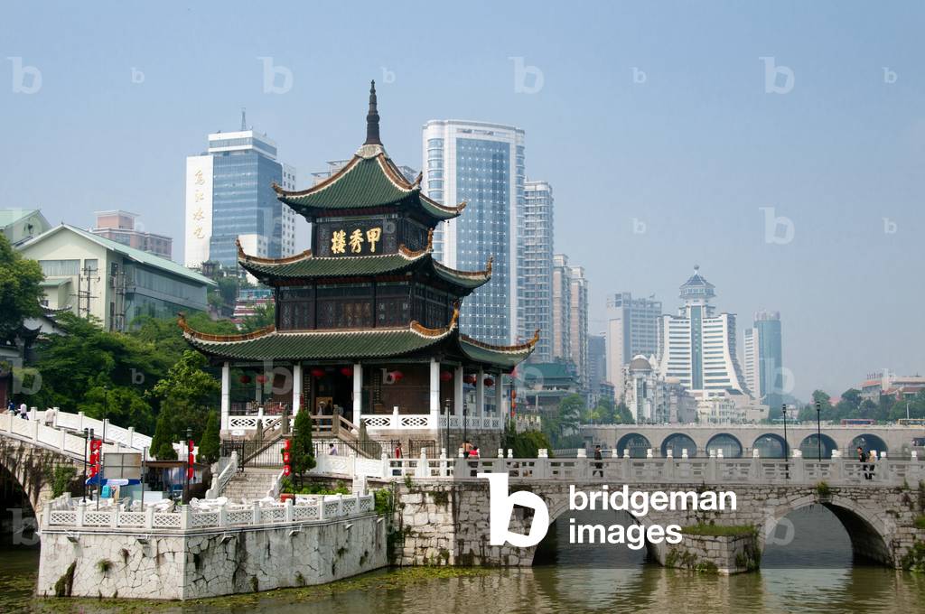 China: Jiaxiu Lou (First Scholar's Tower) on the Nanming River, Guiyang, Guizhou Province