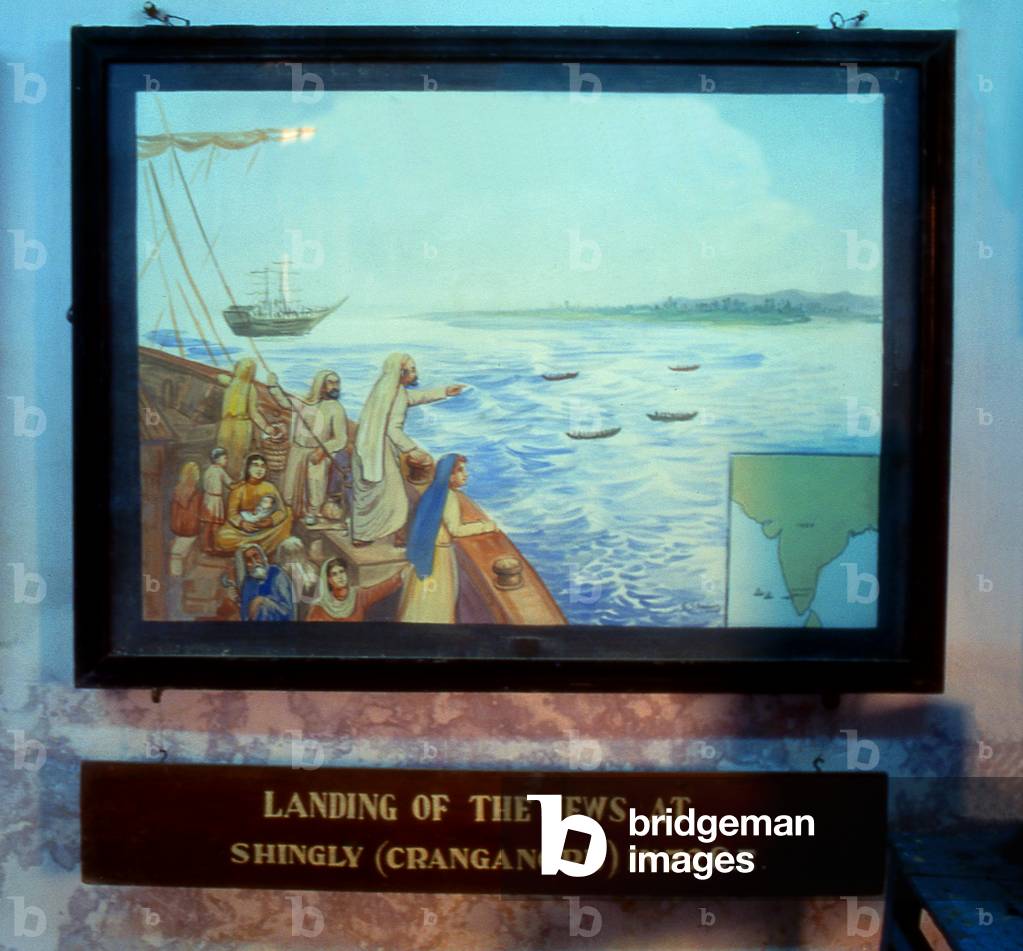 India: Painting of Jews landing at Kodungallur (Cranganore) in the 4th century CE, Paradesi Synagogue (aka Cochin Jewish Synagogue or the Mattancherry Synagogue), Kochi (Cochin), Kerala, South India