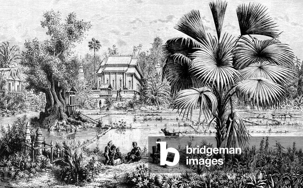 Laos: Villagers sit idly by a coryphus palm, rice fields and a pagoda in Muong Mai, illustrated by French expeditioner Louis Delaporte in April 1867.