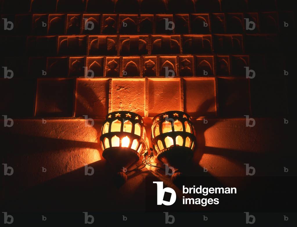 Uzbekistan: Wall lighting inside the Ulug Beg Madrassa, The Registan, Samarkand