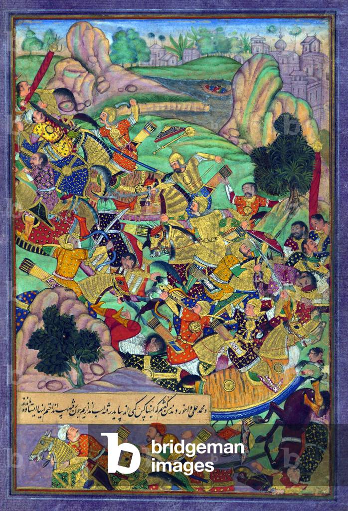 India: Scene from the Baburnama. Zahir ud-din Muhammad Babur (1483-1531) the first Mughal Emperor, confronts his enemies