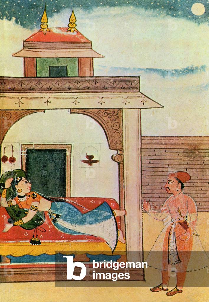 India: A man visiting his lover by night. Scene from the  Ragini Lalita. Rajput miniature, mid to late 17th century