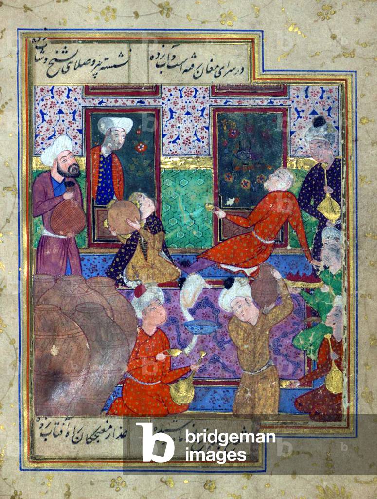 Iran: Miniature of a tavern scene from a divan of Hafez e-Shirazi. Safavid, 16th century