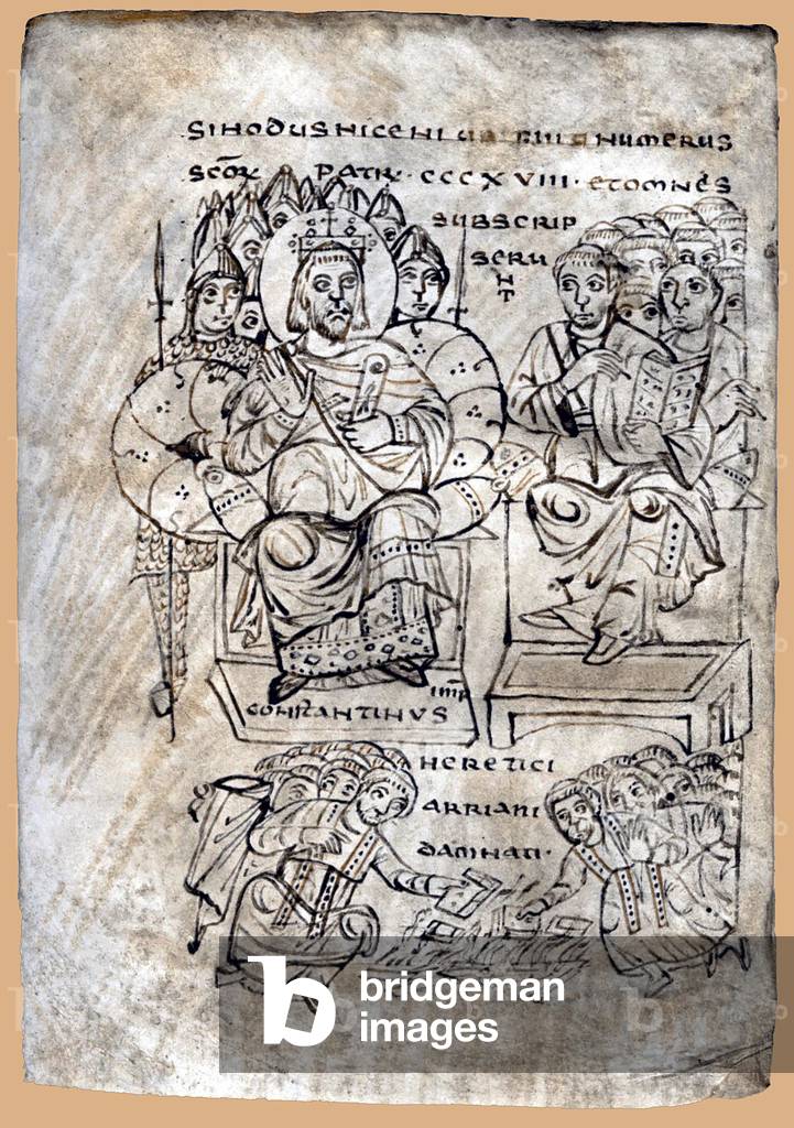 Constantine the Great (272-337), 57th Roman emperor, and the Council of Nicea, with the burning of Arian books illustrated below, c.825 (drawing on vellum)