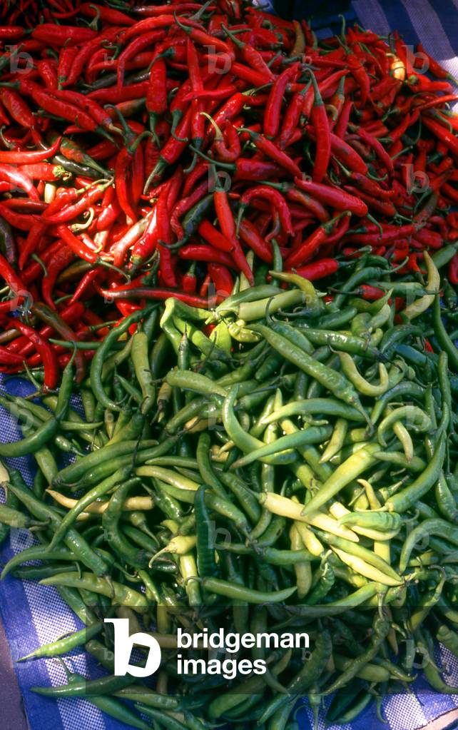 Thailand: Piles of red and green chillies for sale in a Chiang Mai market