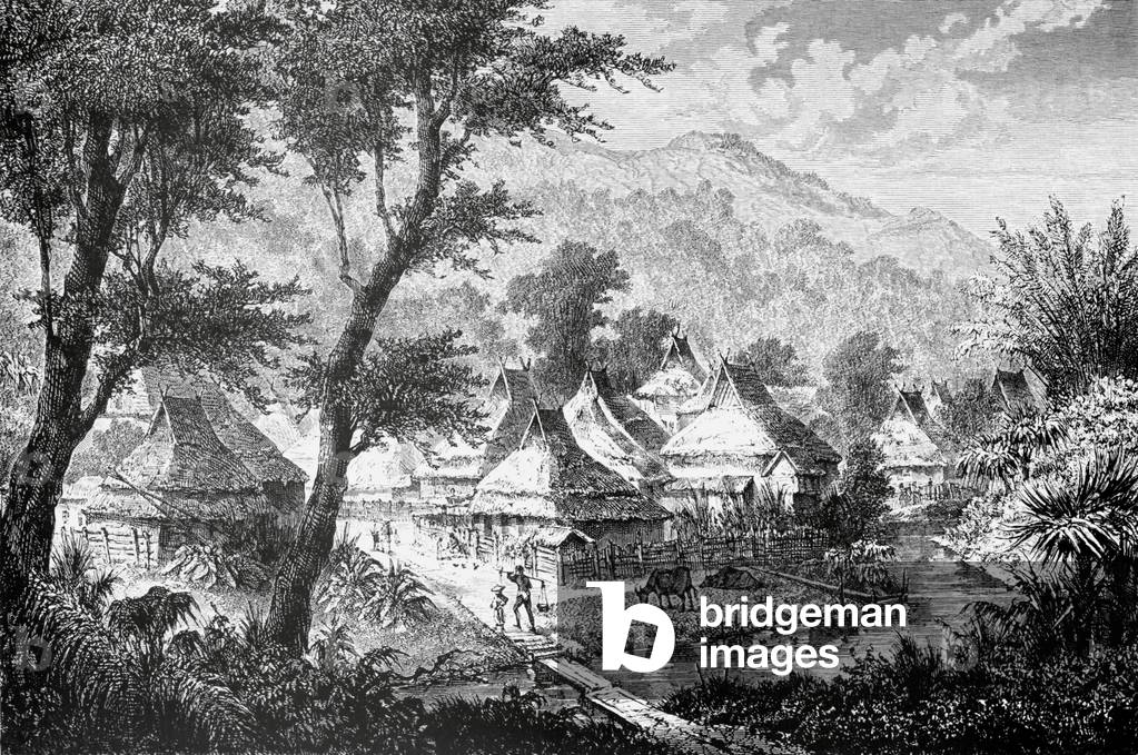 China: The village of Ban Koue in Yunnan Province, redrawn from an 1868 sketch by French expeditioner Louis Delaporte.