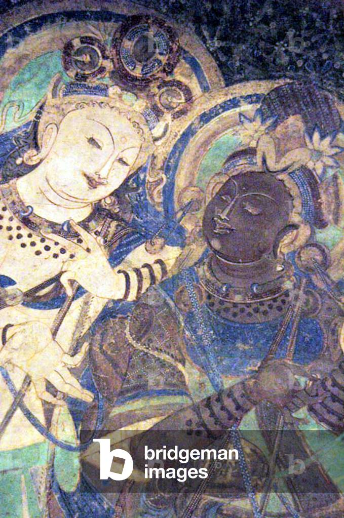 China: A bodhisattva and a female musician, Kizil Thousand Buddha Caves, Xinjiang, c. 5th-6th century CE