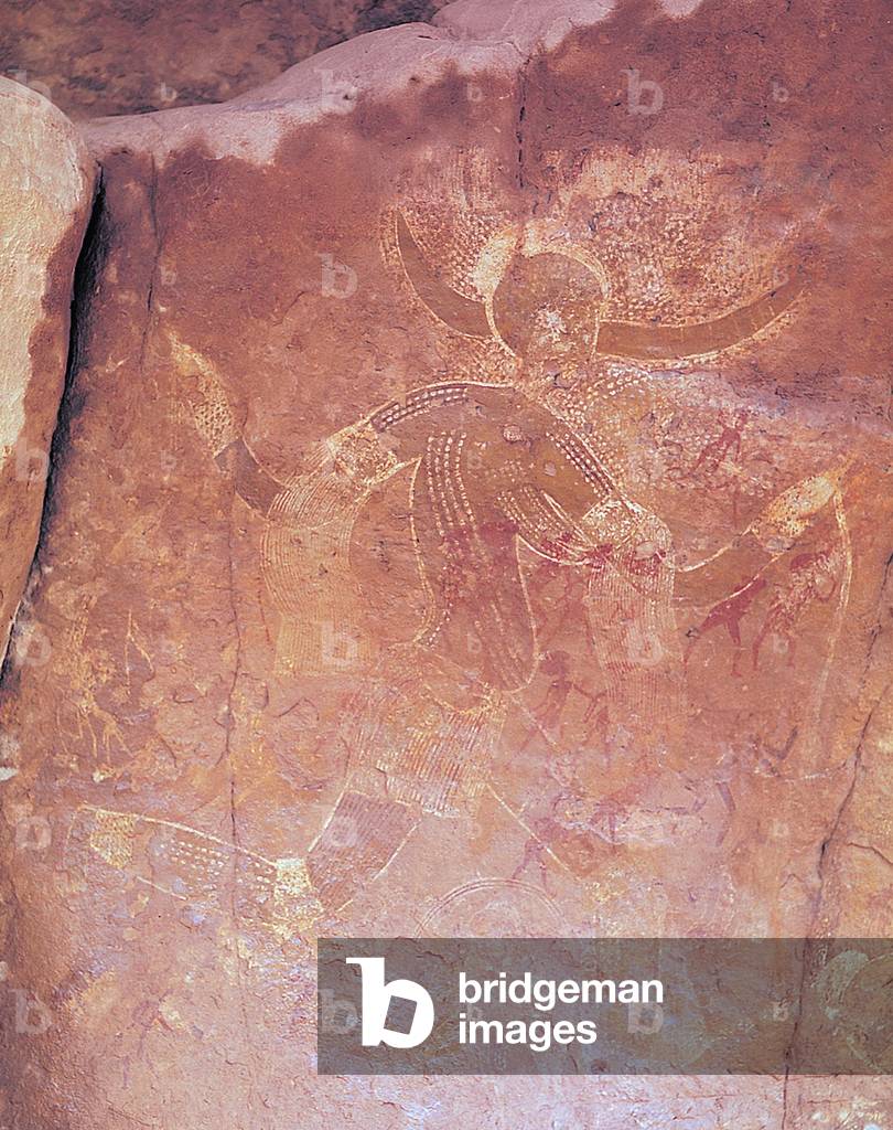 Algeria: Rock painting of a running woman, Tassili (Inauouanrhat), ca. 6000-4000 BCE.