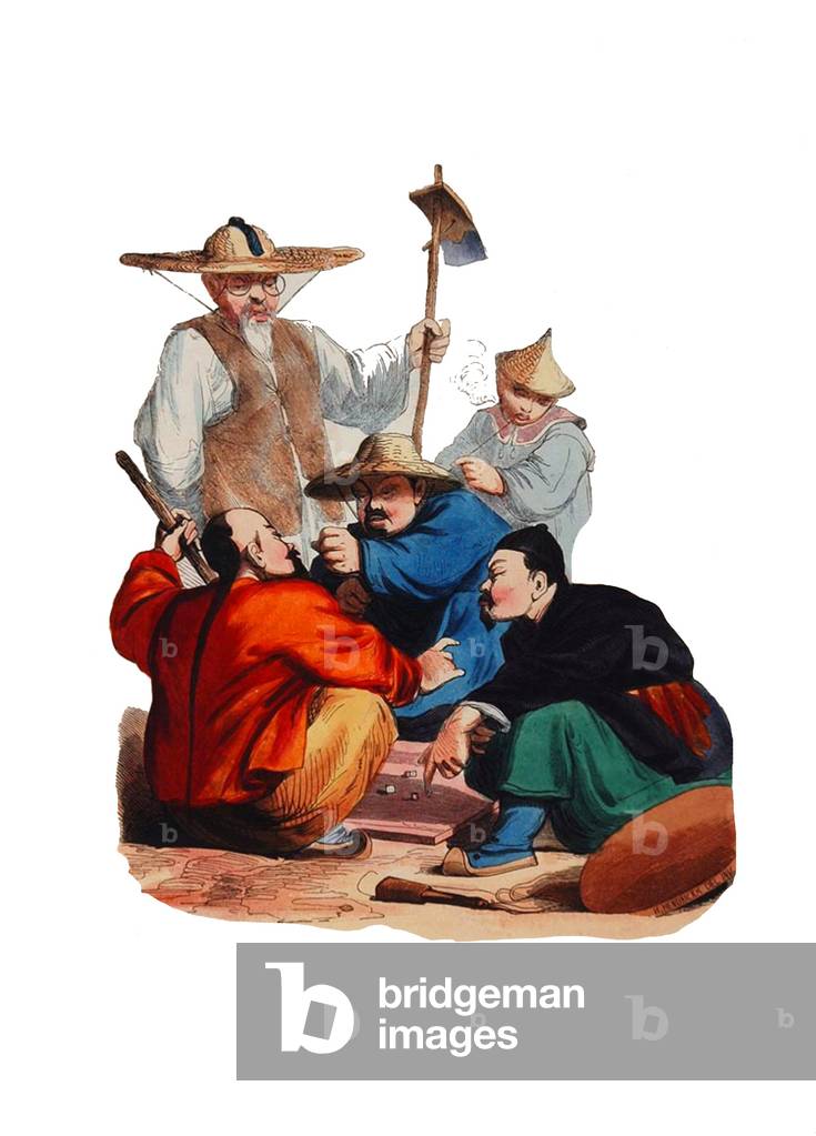 China: A group of Chinese men gambling and smoking, 1844