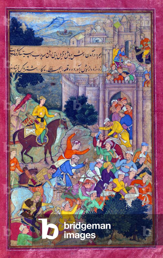 India: Scene from the Baburnama. The inhabitants of Osh (oªsh) drive the enemy out with sticks and clubs to defend the town for Babur
