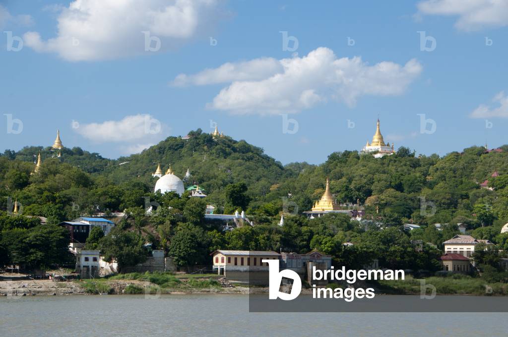 Burma / Myanmar: Pagodas at Sagaing seen from the Irrawaddy / Ayeyarwady River, near Mandalay