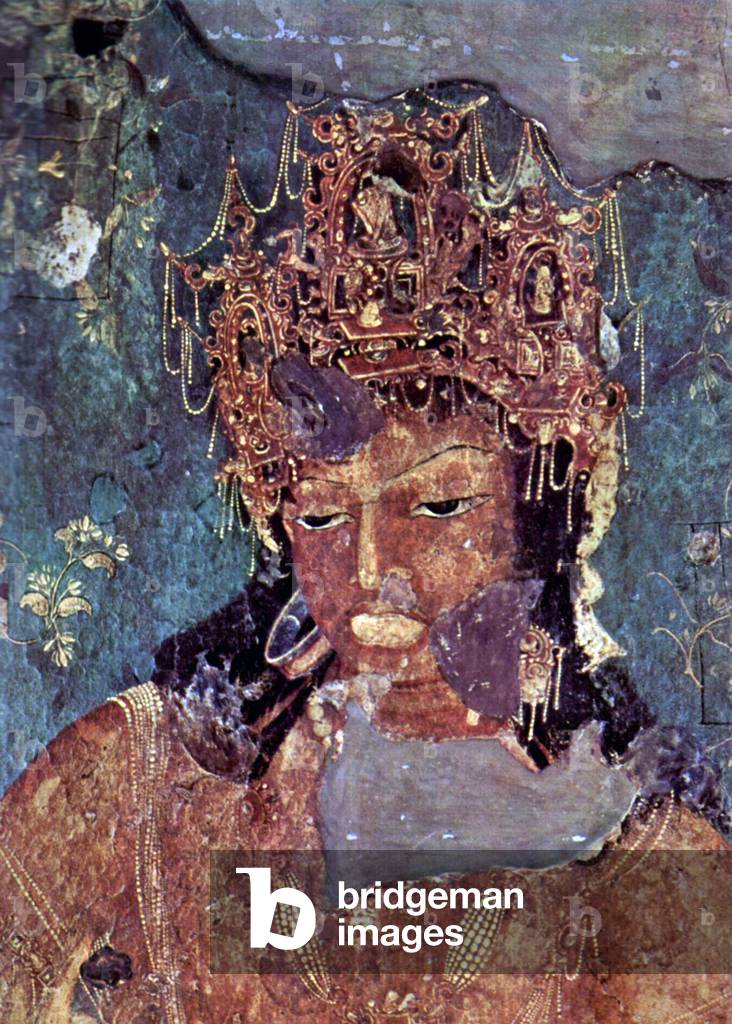 India: Detail of a Bodhisattva, Ajanta Caves.