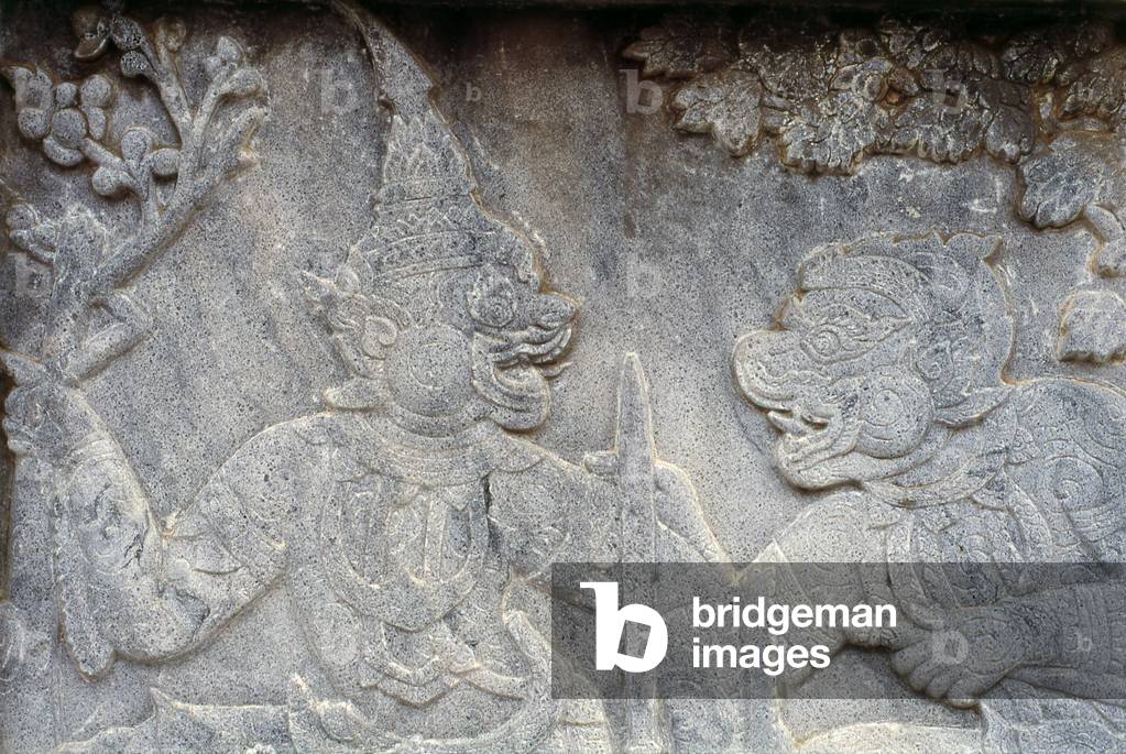 Thailand: A scene from the Ramakien (the Thai Ramayana story) on stone around the Phra Ubosot (Main Chapel), Wat Pho (Temple of the Reclining Buddha), Bangkok