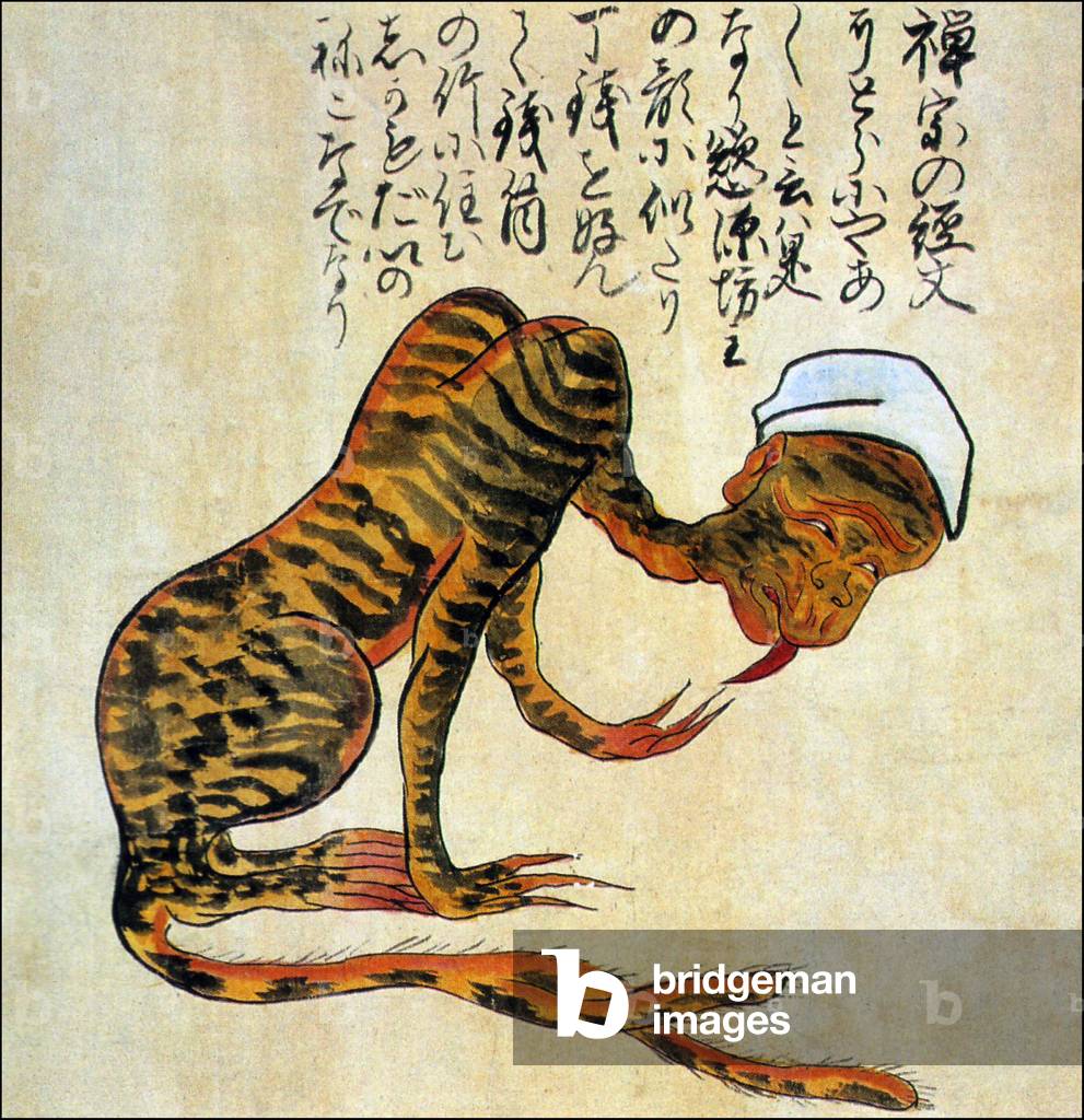 Japan: 'Tiger Meow Meow', a Zenshu priest transformed into a monstrous feline creature. From the Kaikidan Ekotoba Monster Scroll, mid-19th century.