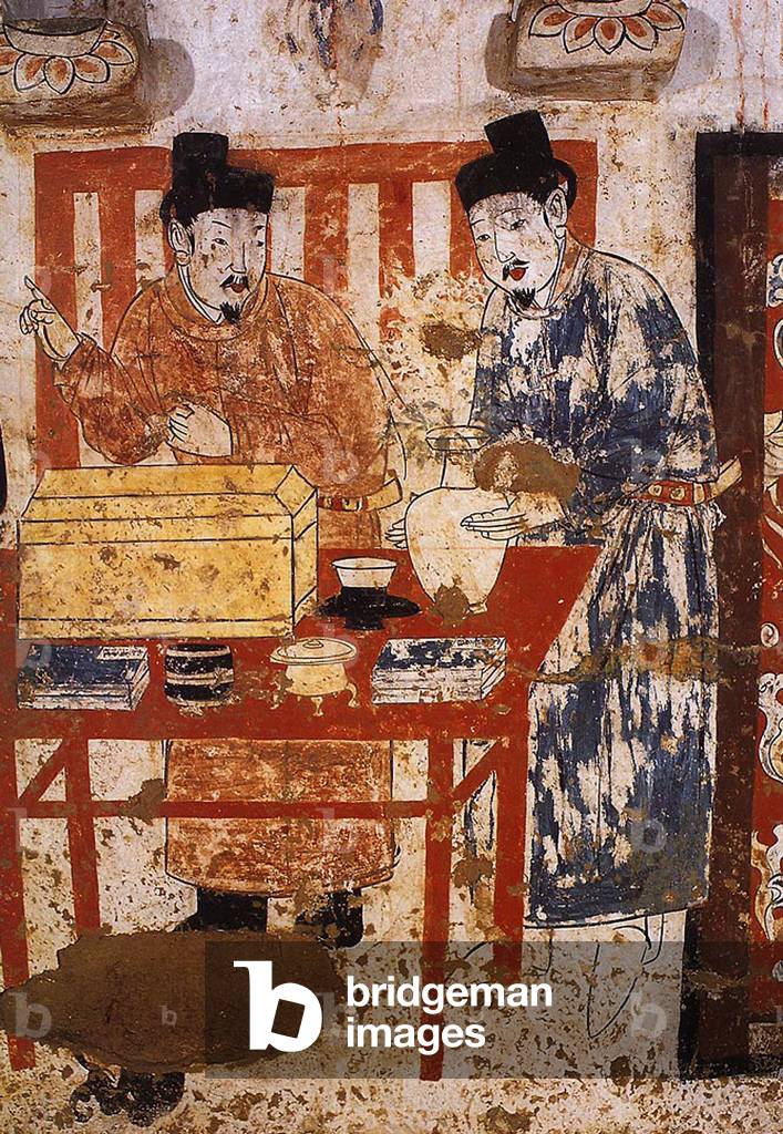 China: Men preparing for a ceremony in a mural in the tomb of Zhang Shiqing, Xuanhua, Hebei, Liao Dynasty (1093-1117).