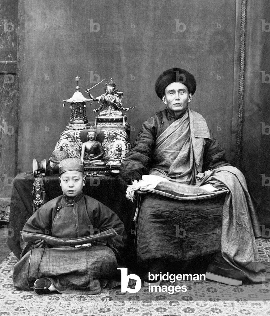 Mongolian lama and acolyte, c.1880 (b/w photo)