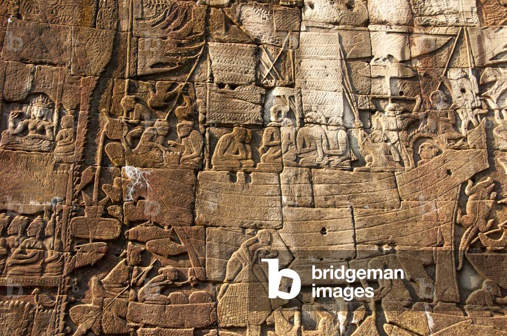 Cambodia: Life on the Tonle Sap Lake including fishermen, chess players and crocodiles, bas-relief Southern Wall, The Bayon, Angkor Thom, Angkor