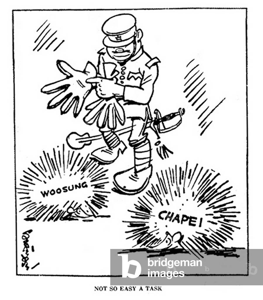 China: Japanese militarism in the Shanghai suburbs of Woosung and Chapei. A cartoon by 'Sapajou' (Georgii Sapojnikoff), White Russian exile and cartoonist at the North China Daily News, Shanghai, 1925-c. 1940