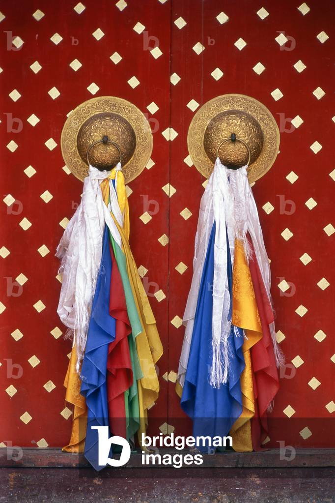 China: Door detail, Labrang Monastery, Xiahe, Gansu province