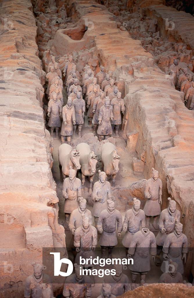 China: Warrior from the terracotta army guarding the tomb of Qin Shi Huang, first emperor of a unified China (r. 246-221 BCE), near Xi'an