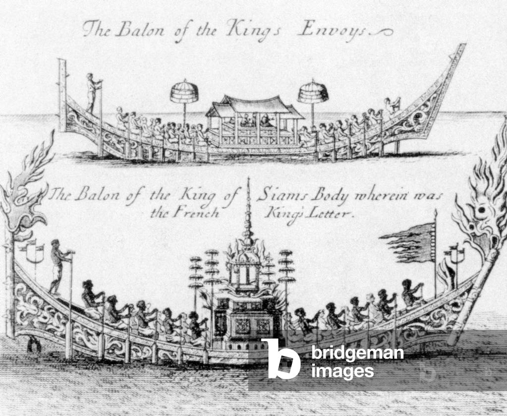 Thailand: A drawing of two royal galleys of Siam.