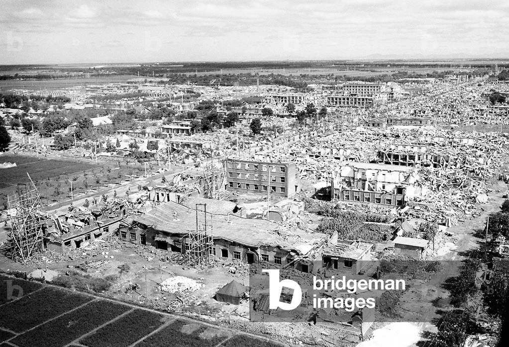 China: Ruins of a government agricultural centre on the outskirts of Tangshan after the Great Tangshan Earthquake, 28 July 1976