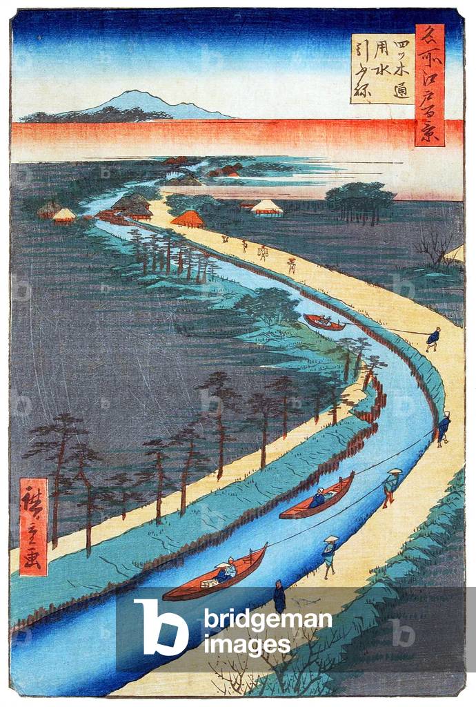 Japan: Spring: Towboats on the Yotsugi dori Canal. Image 33 of '100 Famous Views of Edo'. Utagawa Hiroshige (first published 1856-59)