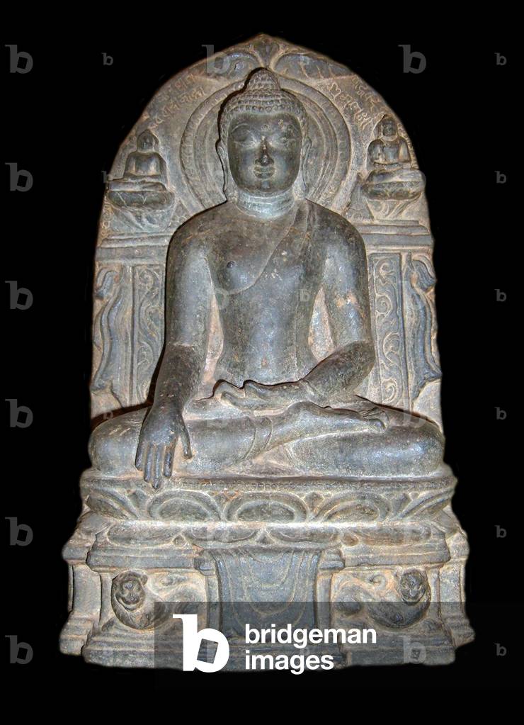 India / Bangladesh: A sculpture of Buddha in the Attitude of Victory over Mara, Bengal, Pala Dynasty, c. 11th century CE