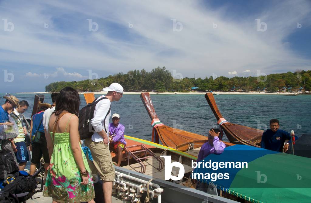 Thailand: Ko Tarutao Marine National Park, longtail boats await visitors, Ko Lipe