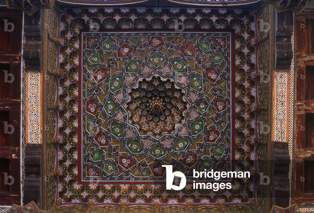 Uzbekistan: A ceiling detail from the iwan or covered portico at Bolo Hauz Mosque, Bukhara