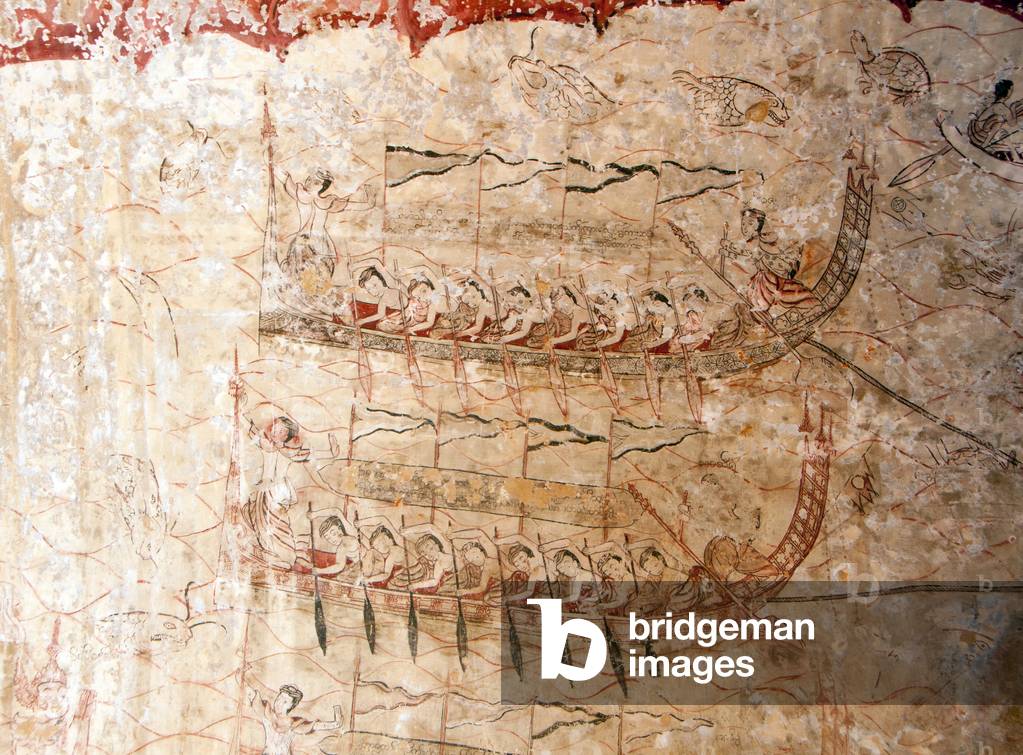 Burma / Myanmar: Fresco depicting boat races on the Ayeyarwady (Irrawaddy) River, Sulamani Temple (12th century), Bagan (Pagan) Ancient City