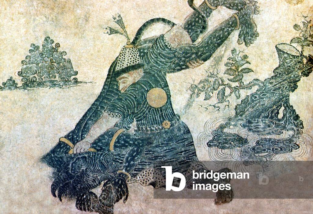 Central Asia: Siyah Kalem School, 15th century, A Turkmen hero wrestles a demon. See also the late 17th century version of this image (CPA0022109) from the Indian Deccan