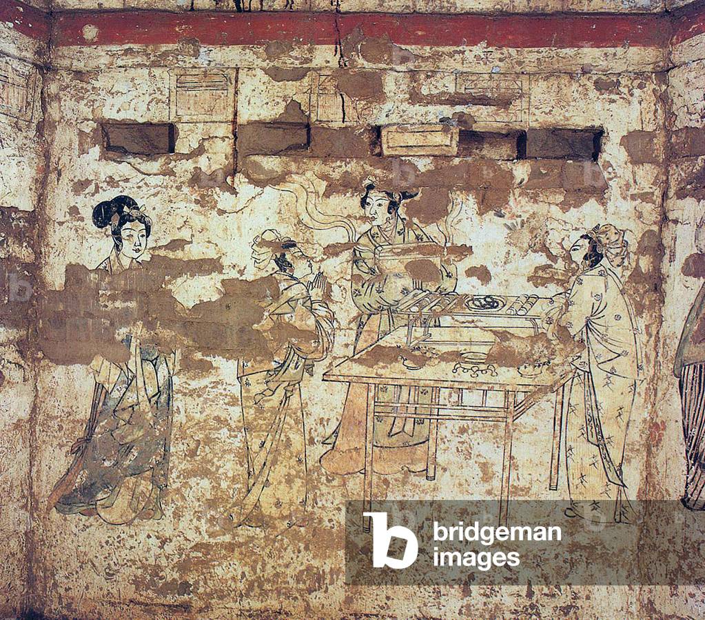 China: Preparing sutras for a religious ceremony in a mural in the tomb of Han Shixun, Xuanhua, Hebei, Liao Dynasty (1093-1117).