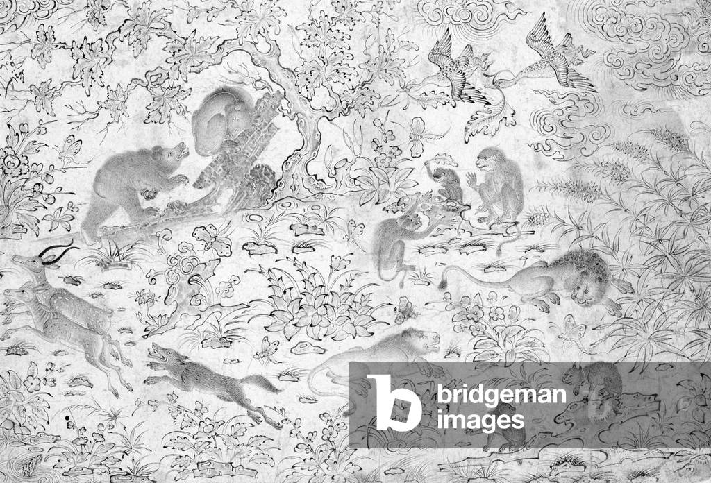 Central Asia: A complex natural scene featuring animals and wildlife, 15th century (drawing)