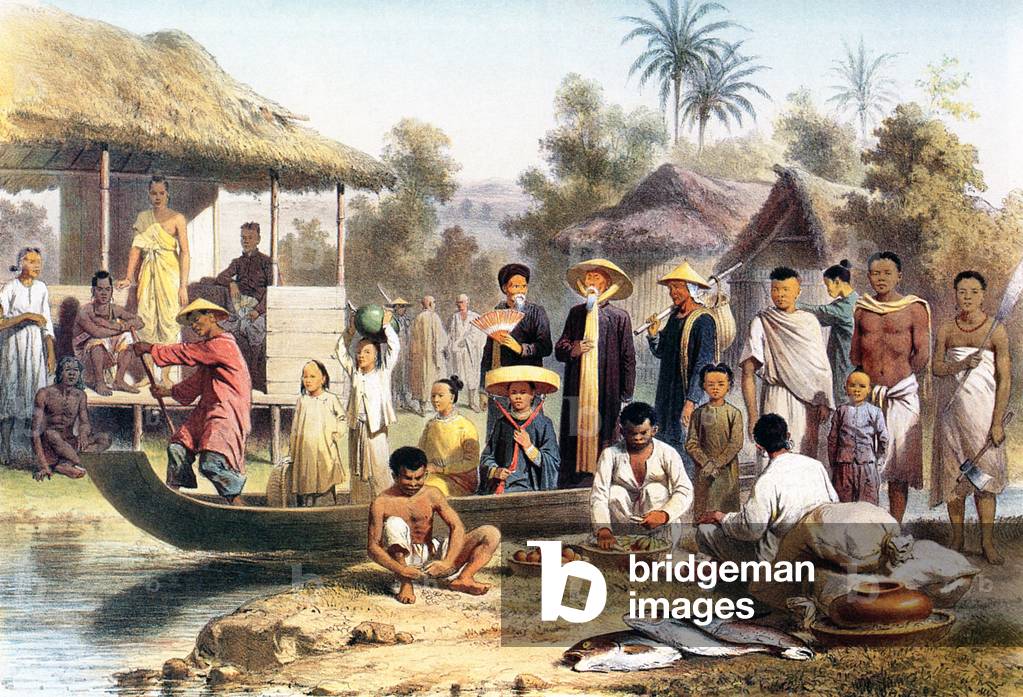 Indochina: French expeditioner Lt. Louis Delaporte painted this imaginary scene featuring Vietnamese, Khmer and Siamese ethnic people all side by side, probably in a Mekong valley village, c. 1866-68.