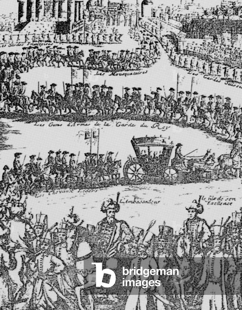 France/ Turkey: A French engraving depicting the procession marking the arrival in March 1721 of the first Ottoman ambassador to France, Mehmet Efendi, and his entourage through the streets of Paris.