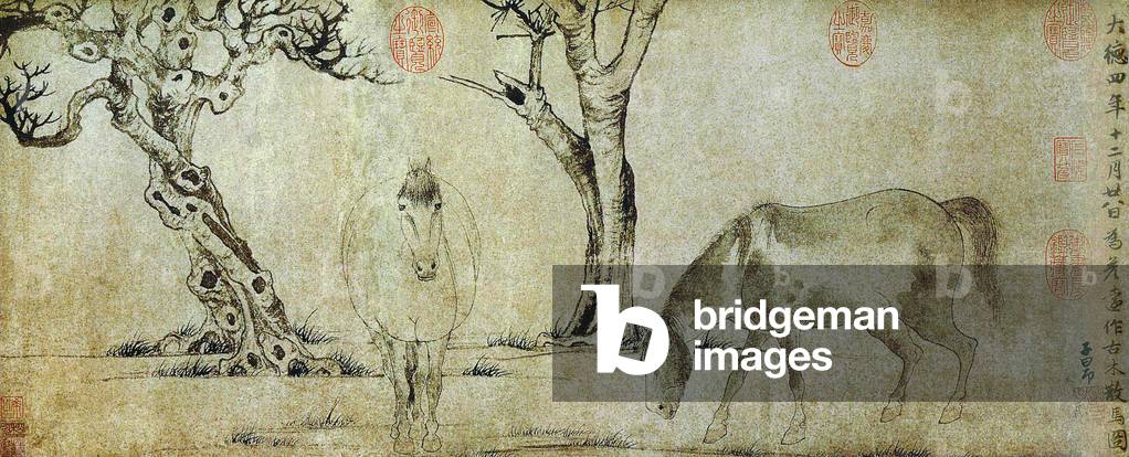 China: 'Old Trees and Two Horses', Zhao Mengfu (1254-1322), Yuan Dynasty (1271-1368) scholar and painter, 1300