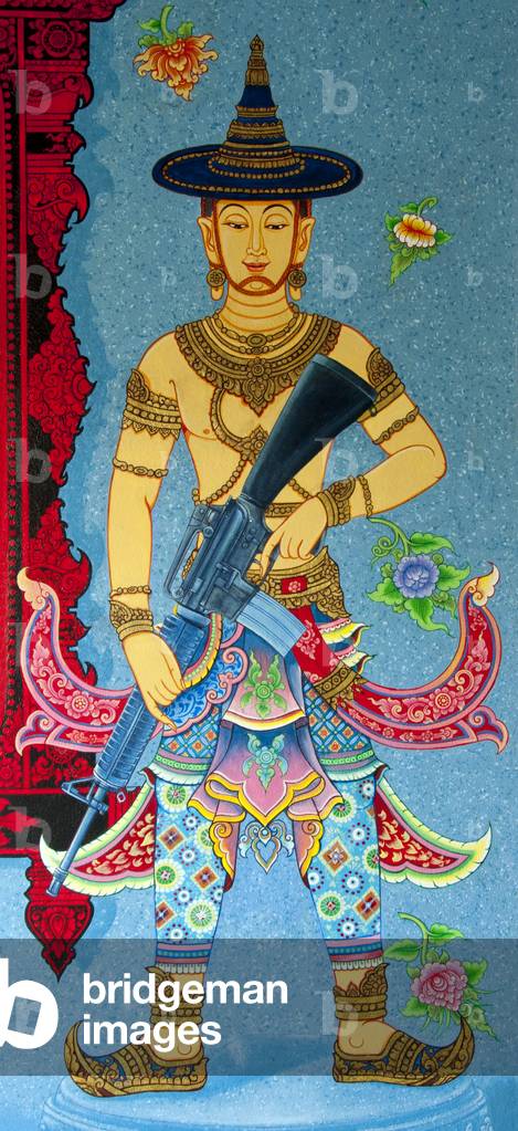 Thailand: Controversial mural of an Ayutthaya-era soldier holding an M16 assault rifle, Lak Muang (City Pillar shrine) Wat Chedi Luang, Chiang Mai. The modern weapons were painted over and replaced with traditional weapons in July, 2014