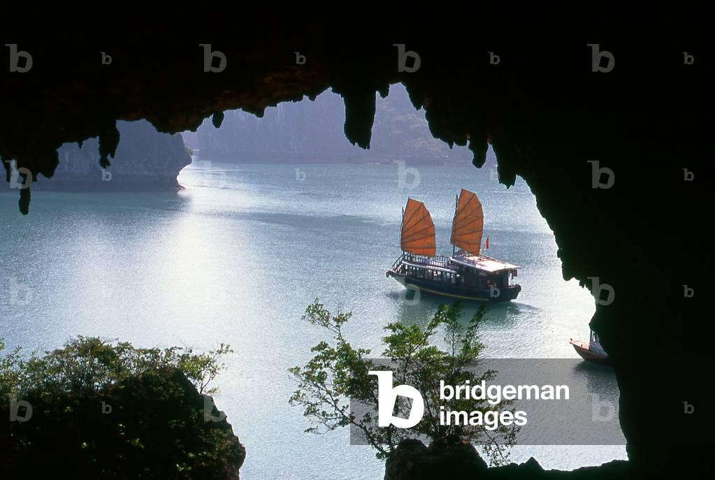Vietnam: A junk seen from Hang Trong (Drum Cave), Halong Bay, Quang Ninh Province