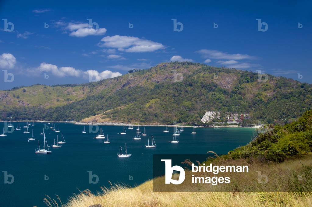 Thailand: Nai Harn bay with yachts and Phuket Yacht Club on the hill, Hat Nai Harn, Phuket