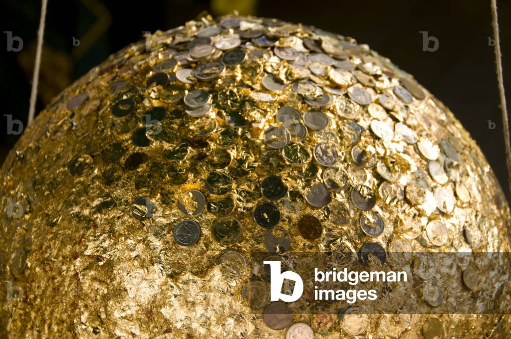 Thailand: Luk nimit (holy stone spheres) covered in gold leaf and Thai baht coins, Wat Phrathat Doi Kham, Chiang Mai